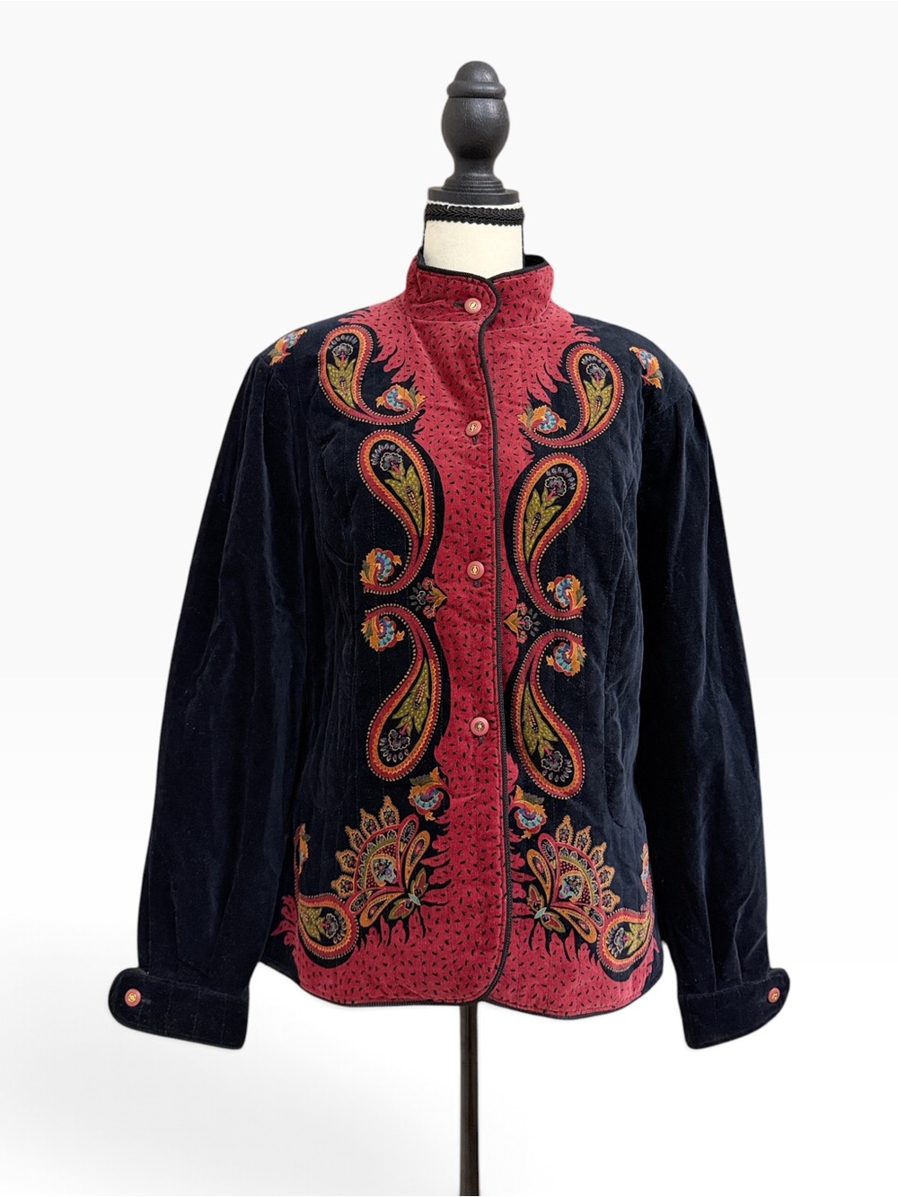 Embroidered Navy Velvet Jacket with Red Trim